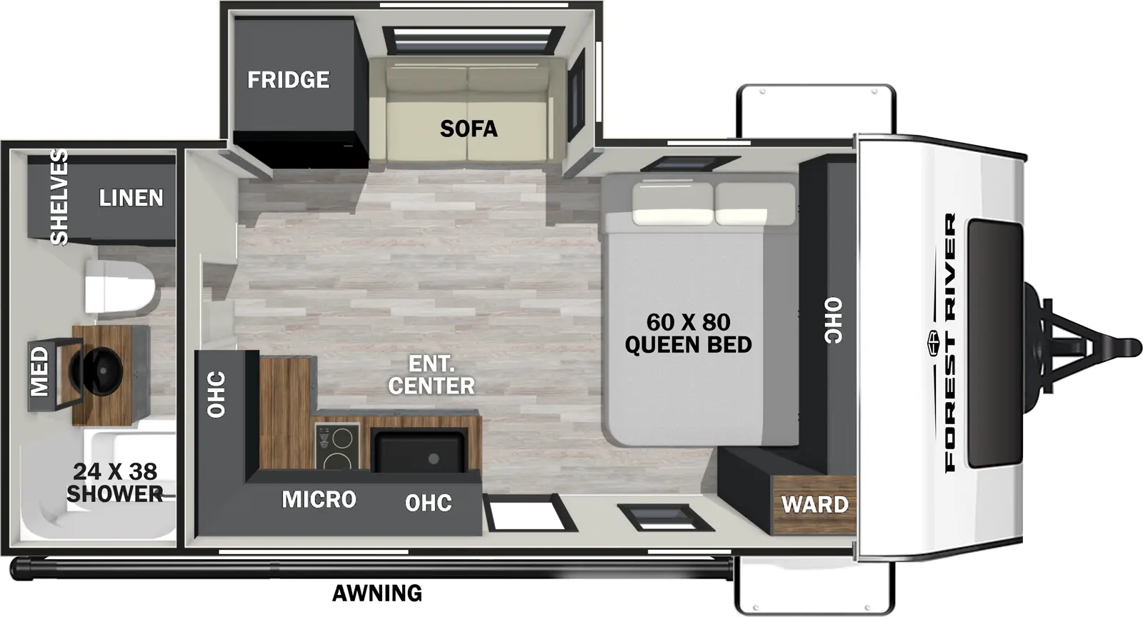 The Ibex 16MKS floorplan has one entry and one slide out. Exterior features include: fiberglass exterior. Interiors features include: front bedroom and rear bathroom.